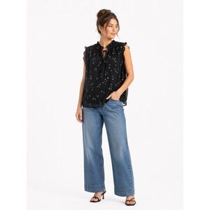 Gibsonlook Sleeveless Blouse Womens Large Black Floral Swiss Dot Ruffle Top